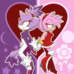 Size: 480x480 | Tagged: safe, artist:mjdaduckbear, amy rose, blaze the cat, cat, hedgehog, 2019, amy x blaze, amy's halterneck dress, blaze's tailcoat, cute, female, females, flowers, heart, holding hands, lesbian, moon, shipping, star (symbol), sun