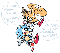 Size: 768x675 | Tagged: dead source, safe, artist:takosa, miles "tails" prower, sonic the hedgehog, fox, hedgehog, carrying them, classic sonic, classic tails, dialogue, duo, flying, gay, looking at each other, male, males only, mouth open, portuguese text, shipping, simple background, smile, sonic x tails, speech bubble, spinning tails, white background