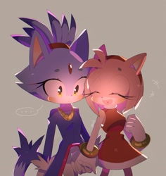 Size: 2954x3127 | Tagged: safe, artist:ureuizy, amy rose, blaze the cat, cat, hedgehog, 2022, amy x blaze, amy's halterneck dress, blaze's tailcoat, blushing, cute, eyes closed, female, females only, holding hands, lesbian, shipping