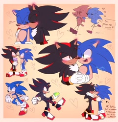 Size: 1972x2048 | Tagged: safe, artist:nessfreenote, shadow the hedgehog, sonic the hedgehog, hedgehog, 2023, abstract background, blushing, blushing ears, border, chaos emerald, duo, english text, eyes closed, gay, holding each other, holding something, male, males only, sfx, shadow x sonic, shipping, smile, standing, stick figure