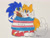Size: 1600x1228 | Tagged: dead source, safe, artist:generalfoxy21, miles "tails" prower, sonic the hedgehog, fox, hedgehog, bandana, duo, english text, holding something, looking up, male, males only, one fang, pride, pride flag, signature, smile, standing, traditional media, trans male, trans pride, transgender