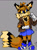 Size: 676x903 | Tagged: safe, artist:they-hermes, miles "tails" prower, fox, arm fluff, blue shoes, chest fluff, ear fluff, female, grey background, jacket, looking offscreen, older, simple background, skirt, smile, solo, standing, trans female, transgender, yellow sclera