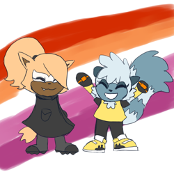 Size: 900x900 | Tagged: safe, artist:knockknockitsnickels, tangle the lemur, whisper the wolf, lemur, wolf, abstract background, chibi, cute, duo, eyes closed, female, females only, lesbian, lesbian pride, pride, shipping, smile, standing, tangabetes, tangle x whisper, whispabetes