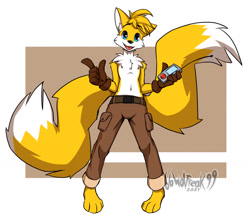 Size: 1280x1102 | Tagged: safe, artist:boredwolf, miles "tails" prower, fox, 2021, barefoot, brown gloves, chest fluff, ear fluff, holding something, looking at viewer, male, mouth open, pants, pointing, remote controller, smile, solo, standing