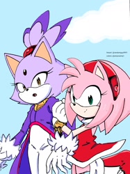 Size: 1280x1714 | Tagged: safe, artist:amyrosesimp1, artist:randomguy9991, amy rose, blaze the cat, cat, hedgehog, 2021, amy x blaze, amy's halterneck dress, blaze's tailcoat, cute, female, females only, hand on arm, lesbian, looking at viewer, shipping