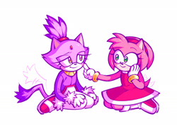 Size: 2048x1460 | Tagged: safe, artist:felinedae, amy rose, blaze the cat, cat, hedgehog, 2022, amy x blaze, amy's halterneck dress, blaze's tailcoat, blushing, cute, female, females only, finger on cheek, lesbian, shipping