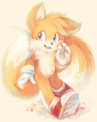 Size: 1024x1287 | Tagged: safe, artist:awataguchi, miles "tails" prower, fox, 2017, cute, dust clouds, lineless, looking offscreen, male, simple background, smile, solo, tailabetes, yellow background