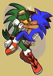 Size: 1052x1504 | Tagged: safe, artist:aconfusedaj, jet the hawk, sonic the hedgehog, bird, hedgehog, abstract background, blushing, carrying them, cute, duo, eyes closed, gay, hawk, heart, holding each other, jet x sonic, jetabetes, male, males only, shipping, signature, smile, sonabetes