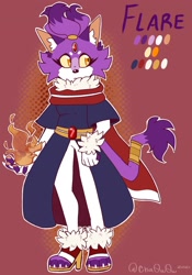 Size: 1399x1996 | Tagged: safe, artist:cha0w0w, blaze the cat, cat, beanbrows, cape, claws, ear fluff, english text, female, flame, fur markings, heels, looking offscreen, nickname, outline, redesign, standing, yellow sclera