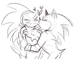 Size: 1200x931 | Tagged: safe, artist:aconfusedaj, jet the hawk, sonic the hedgehog, bird, hedgehog, 2020, blushing, duo, eyes closed, gay, hawk, heart, holding them, jet x sonic, kiss, shipping, simple background, sketch, smile, standing, white background