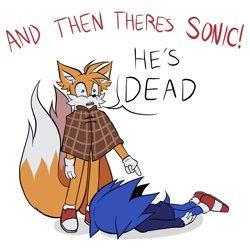 Size: 2048x2034 | Tagged: safe, artist:whiplashsquid, miles "tails" prower, sonic the hedgehog, fox, hedgehog, the murder of sonic the hedgehog, death, dialogue, duo, english text, male, males only, pointing, shrunken pupils, simple background, standing, white background