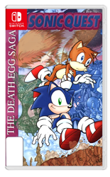 Size: 1994x3219 | Tagged: safe, miles "tails" prower, sonic the hedgehog, sonic quest 1, anonymous artist, anonymous editor, box art, edit, english text, fangame, mobius.social exclusive, nintendo switch, simple background, transparent background