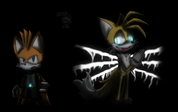 Size: 1459x924 | Tagged: semi-grimdark, artist:zwskverta, miles "tails" prower, nine, oc, oc:villain miles, comic:where was my hero?, sonic prime, black background, duality, evil, glowing, glowing eyes, simple background, standing