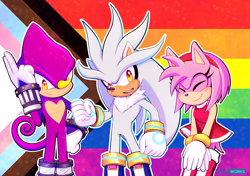 Size: 1280x902 | Tagged: safe, artist:cyaneworks, amy rose, espio the chameleon, silver the hedgehog, pride, pride flag background, progress pride, trio