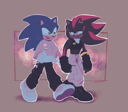 Size: 2048x1792 | Tagged: safe, artist:swati-art, shadow the hedgehog, sonic the hedgehog, hedgehog, abstract background, ace, aro ace pride, aromantic, badge, binder, chain, duo, ear piercing, earring, gay pride, holding hands, looking at each other, mouth open, nonbinary, nonbinary pride, pants, smile, sweater, talking, trans male, trans pride, transgender, walking