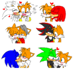 Size: 2048x2048 | Tagged: artist needed, safe, knuckles the echidna, miles "tails" prower, miles (anti-mobius), scourge the hedgehog, shadow the hedgehog, bad quality, blushing, gay, group, hugging from behind, kiss, knuxails, male, males only, miles x tails, scourails, selfcest, shadow x tails, shipping, silvails, simple background, sonic x tails, white background