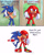 Size: 1200x1501 | Tagged: safe, artist:bdugo7, knuckles the echidna, sonic the hedgehog, abstract background, blushing, dialogue, duo, english text, exclamation mark, eyes closed, gay, heart, kiss on cheek, knuxonic, master emerald, shipping, smile, standing