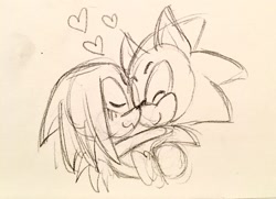 Size: 1280x925 | Tagged: safe, artist:fleetways, knuckles the echidna, sonic the hedgehog, :3, blushing, cute, duo, eyes closed, gay, heart, hugging, knucklebetes, knuxonic, pencilwork, shipping, simple background, sketch, smile, sonabetes, standing, traditional media