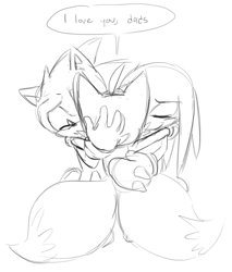 Size: 696x815 | Tagged: safe, artist:acesonuckles, knuckles the echidna, miles "tails" prower, sonic the hedgehog, adoption, blushing, dialogue, family, father and son, gay, hugging, knuxonic, parent:knuckles, parent:sonic, parents:knuxonic, shipping, simple background, sketch, smile, standing, team sonic, trio, white background