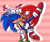 Size: 1280x1067 | Tagged: safe, artist:devotedsidekick, artist:sp-rings, knuckles the echidna, sonic the hedgehog, abstract background, blushing, carrying them, clenched teeth, dramatic, duo, eyes closed, frown, gay, heart, knuxonic, shipping, smile, striped background, sweatdrop
