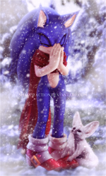 Size: 1000x1663 | Tagged: safe, artist:shadisfaction, sonic the hedgehog, fox, fennec, literal animal, scarf, snow