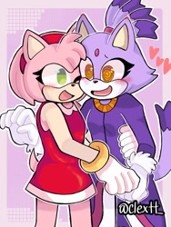 Size: 768x1024 | Tagged: safe, artist:franlinxjk_, amy rose, blaze the cat, cat, hedgehog, 2022, amy x blaze, amy's halterneck dress, blaze's tailcoat, blushing, cute, female, females only, hearts, hugging, lesbian, shipping