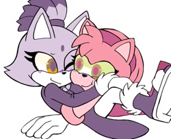 Size: 945x769 | Tagged: safe, artist:franlinxjk_, amy rose, blaze the cat, cat, hedgehog, 2022, amy x blaze, amy's halterneck dress, blaze's tailcoat, cute, female, females only, hugging, lesbian, one eye closed, shipping