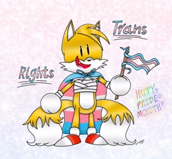 Size: 2048x1886 | Tagged: safe, artist:yoshi-ed, miles "tails" prower, binder, cape, english text, flag, holding something, looking offscreen, male, mouth open, one fang, pride, pride flag, smile, solo, standing, trans male, trans pride, transgender