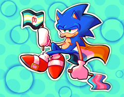 Size: 1167x920 | Tagged: safe, artist:ricecaqes, sonic the hedgehog, abstract background, ace, aro ace pride, aromantic, autistic pride, cape, flag, holding something, lidded eyes, looking offscreen, male, modern sonic, outline, pride, pride flag, sitting, smile, solo, top surgery scars, trans male, trans pride, transgender