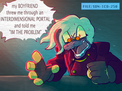 Size: 1600x1200 | Tagged: safe, artist:ricecaqes, dr. starline, abstract background, dialogue, english text, implied gay, looking offscreen, male, mouth open, saliva, shipping denied, shouting, shrunken pupils, sitting, solo, sweatdrop, table