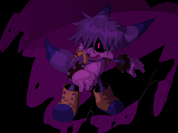 Size: 1600x1200 | Tagged: safe, artist:ricecaqes, kit the fennec, abstract background, annoyed, fangs, fighting pose, glowing eyes, looking offscreen, male, mouth open, shadowed face, solo