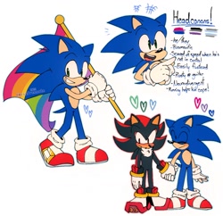 Size: 1200x1161 | Tagged: safe, artist:nessfreenote, shadow the hedgehog, sonic the hedgehog, 2022, ace, bisexual, demiboy, duo, english text, flag, gay, gay pride, headcanon, heart, holding hands, male, pride, pride flag, pronouns, shadow x sonic, shipping, simple background, smile, solo focus, standing, white background