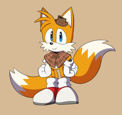 Size: 640x603 | Tagged: safe, artist:a__gam3r, miles "tails" prower, the murder of sonic the hedgehog, beige background, hands on hips, hat, looking at viewer, male, poncho, simple background, smile, solo, standing