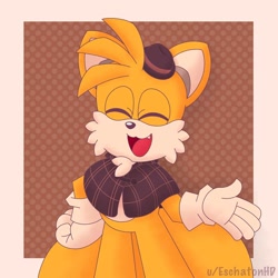 Size: 640x640 | Tagged: safe, artist:eschatonhd, miles "tails" prower, the murder of sonic the hedgehog, :3, abstract background, border, cute, eyes closed, hat, male, mouth open, one fang, poncho, redraw, solo, standing, tailabetes