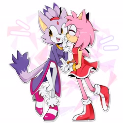 Size: 2048x2048 | Tagged: safe, artist:pwxcii, amy rose, blaze the cat, cat, hedgehog, 2023, amy x blaze, amy's halterneck dress, amybetes, blaze's tailcoat, blazebetes, cute, female, females only, kiss on cheek, lesbian, shipping