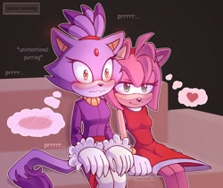 Size: 2700x2270 | Tagged: safe, artist:himitsu_png, amy rose, blaze the cat, cat, hedgehog, 2023, amy x blaze, amy's halterneck dress, blaze's tailcoat, blushing, cute, female, females only, heart, lesbian, purring