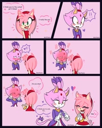 Size: 2160x2700 | Tagged: safe, artist:liz_toons, amy rose, blaze the cat, cat, hedgehog, 2023, amy x blaze, amy's halterneck dress, blaze's tailcoat, comic, dialogue, english text, female, females only, lesbian, shipping