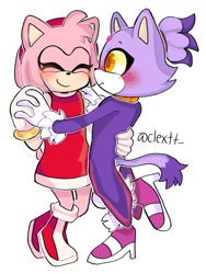 Size: 768x1024 | Tagged: safe, artist:franlinxjk_, amy rose, blaze the cat, cat, hedgehog, 2022, amy x blaze, amy's halterneck dress, blaze's tailcoat, blushing, cute, dancing, eyes closed, female, females only, lesbian