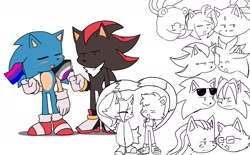 Size: 2048x1270 | Tagged: dead source, safe, artist:sonicnewunivers, amy rose, blaze the cat, gadget the wolf, infinite the jackal, scourge the hedgehog, silver the hedgehog, surge the tenrec, tangle the lemur, whisper the wolf, ace, amy x blaze x surge, asexual pride, bisexual, bisexual pride, blazamurge, blushing, cute, duo focus, flag, frown, gay, group, head only, heart tail, holding something, incest, lesbian, manic the hedgehog, manourge, polyamory, pride, pride flag, rookinite, scouranic, shadow x silver, shadow x sonic, shadowbetes, shipping, simple background, smile, sonabetes, standing, tangle x whisper, white background