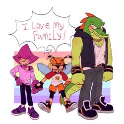 Size: 2000x2000 | Tagged: safe, artist:chechewi4ka, charmy bee, espio the chameleon, vector the crocodile, 2023, abstract background, adopted fankid, adoption, blushing, dialogue, english text, family, father and son, flapping wings, flying, gay, holding hands, male, males only, parent:espio, parent:vector, parents:vecpio, pride, shipping, smile, speech bubble, standing, team chaotix, trio