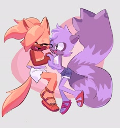 Size: 1930x2048 | Tagged: safe, artist:xroz3ttaxx, tangle the lemur, whisper the wolf, abstract background, crop top, cute, duo, eyes closed, female, females only, holding hands, large tail, lesbian, looking at them, mouth open, one fang, sandals, shipping, shirt, shorts, smile, tangabetes, tangle x whisper, whispabetes, wink