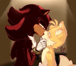 Size: 815x704 | Tagged: safe, artist:anasnchez, miles "tails" prower, shadow the hedgehog, 2023, abstract background, blushing, duo, french kiss, gay, kiss, lidded eyes, looking at each other, male, males only, shadow x tails, shipping, tongue out