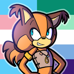 Size: 1080x1080 | Tagged: safe, artist:feeble-minded-little-gay, sticks the badger, badger, binder, gay, looking offscreen, male, mlm pride, outline, pride flag background, smile, solo, trans male, trans pride, transgender