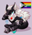 Size: 894x964 | Tagged: dead source, safe, artist:artkotaro08017, infinite the jackal, bigender, bigender pride, facepaint, graysexual, graysexual pride, legs crossed, pride, purple background, simple background, sitting, smile, solo, solo bigender