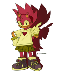 Size: 1627x1996 | Tagged: safe, artist:survivalstep, amy rose, hedgehog, female, fleetway amy, looking at viewer, pointing, shadow (lighting), signature, simple background, skirt, smile, solo, standing, transparent background