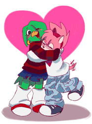 Size: 1535x2048 | Tagged: safe, artist:nanabready, amy rose, tekno the canary, bird, hedgehog, abstract background, blushing, canary, clothes, duo, eyes closed, fleetway amy, heart, hugging, lesbian, looking at them, mouth open, one eye closed, shadow (lighting), shipping, skirt, smile, teknamy, wagging tail