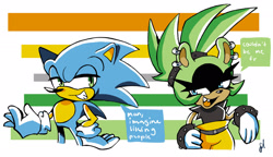 Size: 2220x1280 | Tagged: safe, artist:pkrockinon, sonic the hedgehog, surge the tenrec, hedgehog, tenrec, 2023, abstract background, ace, aro ace pride, aromantic, dialogue, duo, english text, female, lidded eyes, looking at each other, male, signature, smile, speech bubble, standing