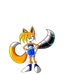 Size: 3469x4000 | Tagged: safe, artist:keytee-chan, miles "tails" prower, fox, 2020, blue shoes, bra strap, cyborg, femboy, frown, hands on hips, lidded eyes, male, partially roboticized, prosthetic, shorts, simple background, solo, standing, transparent background