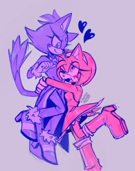 Size: 1616x2048 | Tagged: safe, artist:onlyastraa, amy rose, blaze the cat, cat, hedgehog, 2023, amy x blaze, amy's halterneck dress, blaze's tailcoat, cute, female, females only, hearts, hugging, lesbian, shipping