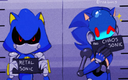 Size: 2048x1278 | Tagged: safe, artist:rozbuns, chaos sonic, metal sonic, sonic prime, abstract background, barbie mugshot meme, black sclera, duo, looking at viewer, meme, mugshot, robot, sparkles, wink